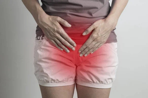 Woman Has Pain Bladder Dysuria Violation Urination — Stock Photo, Image