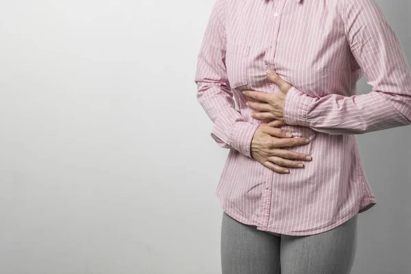 Dolor Abdomen Una Mujer Espasmo Del Estómago Copie Espacio —  Fotos de Stock