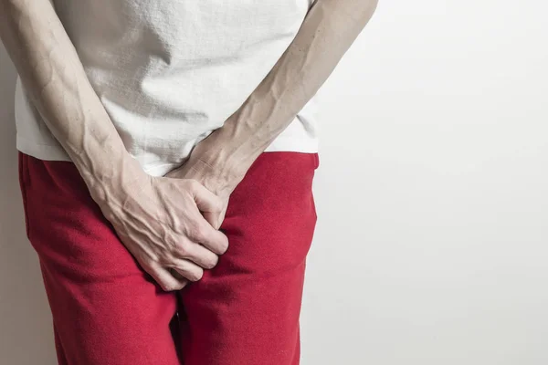 Prostate concept, inflammation of the bladder. Premature ejaculation. Man holding penis. — Stock Image Prostate Concept Inflammation Bladder Premature Ejaculation Man Holding Penis Royalty Free Stock Images