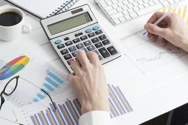 Sales Manager Counts Calculator Looking Infographics Hands Accountant Prepare Report — Stock Photo, Image