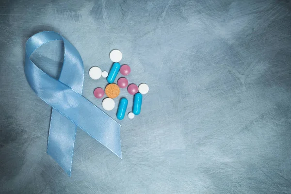 Kék Szalag Tabletták Prosztatarák Szimbóluma Fénymásolási Hely — Stock Fotó