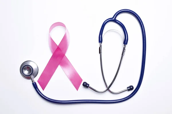 Pink Ribbon Stethoscope White Background Breast Cancer Concept Top View — Stock Photo, Image