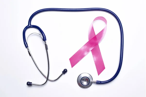 Pink Ribbon Stethoscope White Background Breast Cancer Concept Top View — Stock Photo, Image