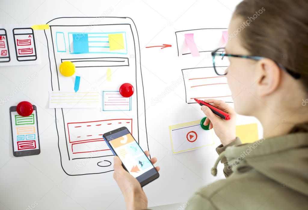 UX graphic designer develops web applications for mobile phones. User experience. 