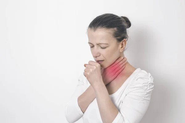 Woman Coughing Holding Sore Throat — Stock Photo, Image