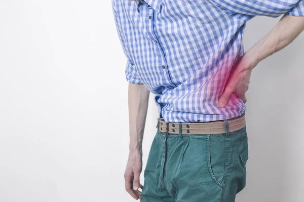 Pain Kidneys Man Holds Sore Back — Stock Photo, Image