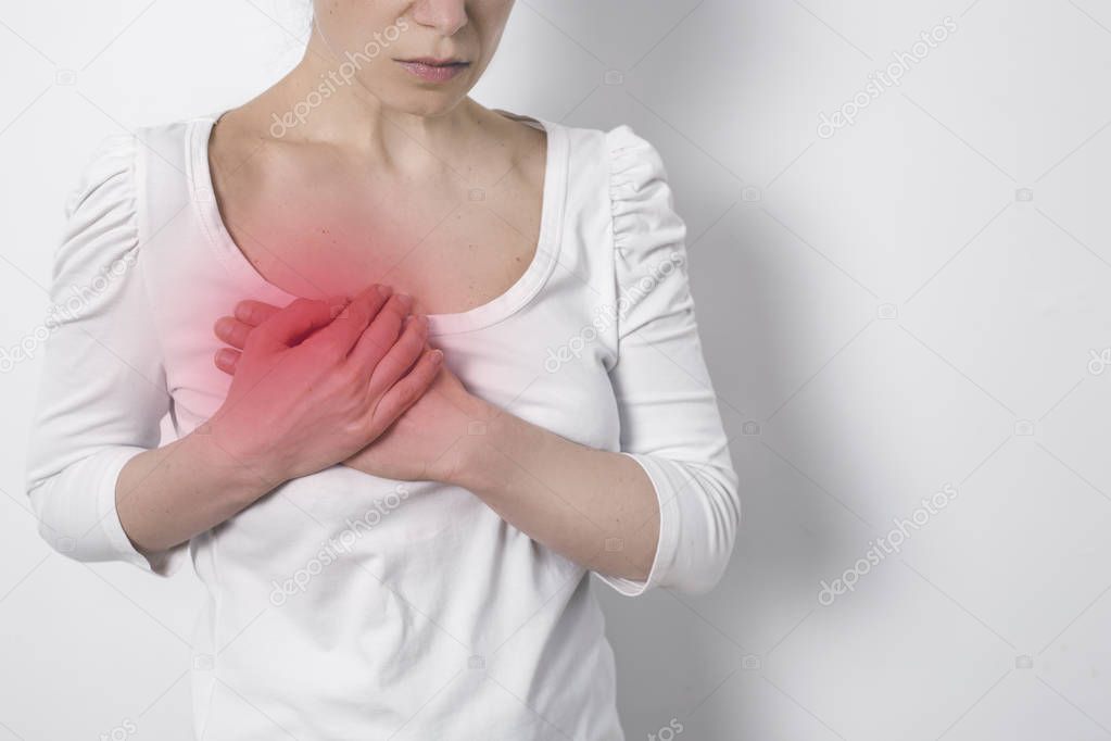 Chest pain in a woman. The concept of heart disease. Mammary cancer.