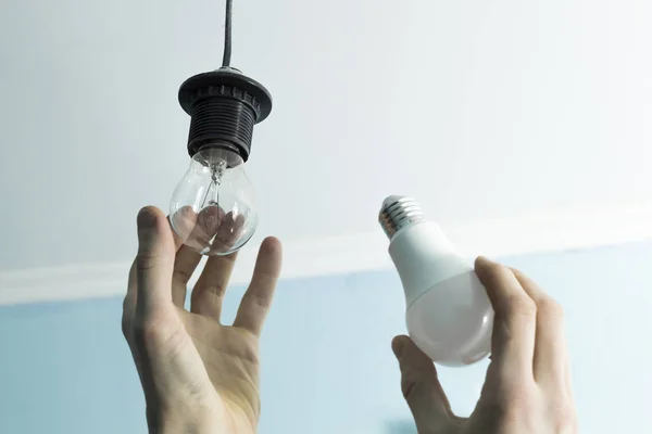 Incandescent Lamp Changed Led Light Hands Man Energy Saving — Stock Photo, Image