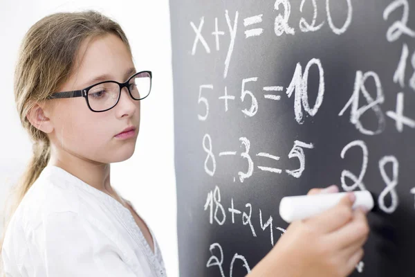 Girl Glasses Stands School Board — Stock Photo, Image