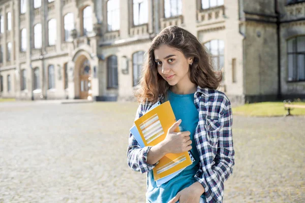 Smiling Indian Young Female Student Holds Educational Books Standing Background — Stock Photo, Image