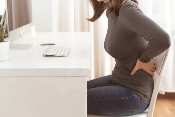 Backache Woman Female Suffers Back Pain While Sitting Desk — Stock Photo, Image