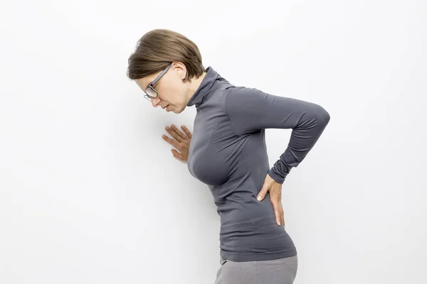 Kidney Pain Woman Girl Holds Her Sore Back — Stock Photo, Image