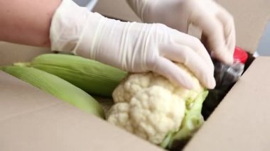 Gönüllü bir kadın, yemeği bir kutuya koyar. Bakkaliye teslimatı. İhtiyacı olanlara yardım etmek..