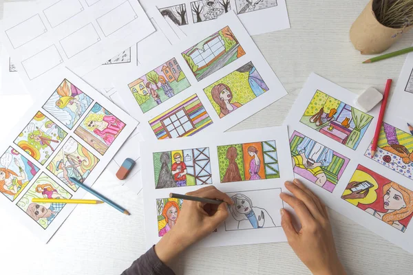 Animator Painter Draws Color Storyboard Comic Book Movie Illustrator Seated — Stock Photo, Image