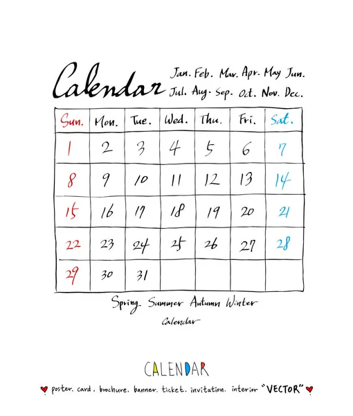 Calendario Dibujado Mano Vector — Archivo Imágenes Vectoriales