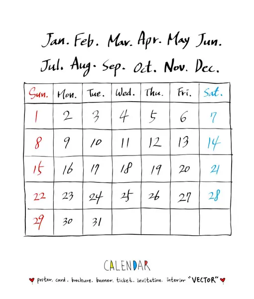 Calendrier Croquis Dessiné Main Vecteur — Image vectorielle