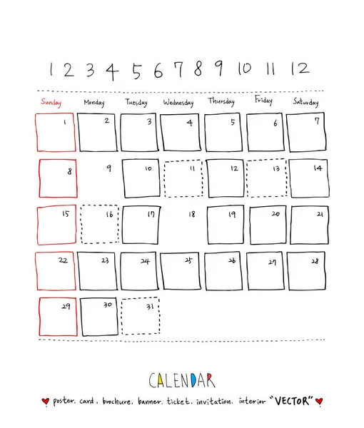 Calendario Dibujado Mano Vector — Vector de stock