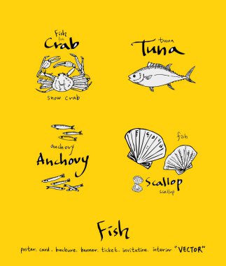 El çekilmiş gıda maddeleri - deniz gıda menü resimleri - vektör