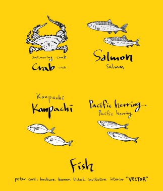 El çekilmiş gıda maddeleri - deniz gıda menü resimleri - vektör