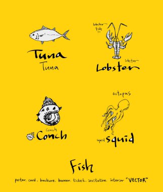 El çekilmiş gıda maddeleri - deniz gıda menü resimleri - vektör