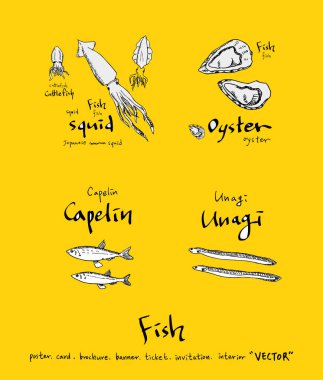 El çekilmiş gıda maddeleri - deniz gıda menü resimleri - vektör