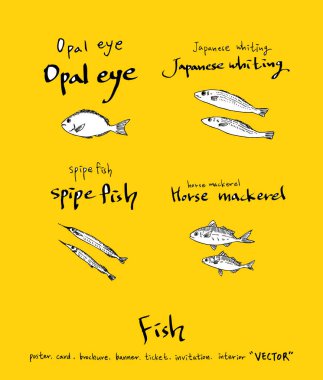 El çekilmiş gıda maddeleri - deniz gıda menü resimleri - vektör