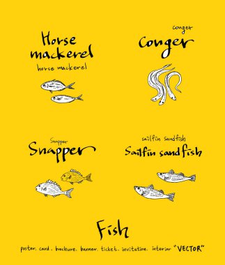 El çekilmiş gıda maddeleri - deniz gıda menü resimleri - vektör