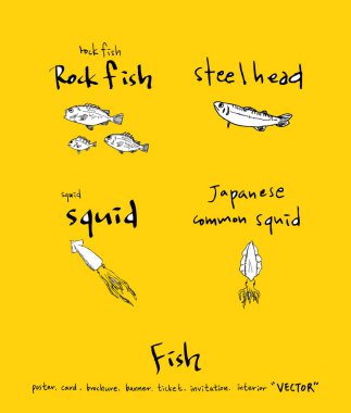 El çekilmiş gıda maddeleri - deniz gıda menü resimleri - vektör