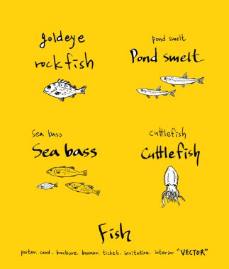 El çekilmiş gıda maddeleri - deniz gıda menü resimleri - vektör