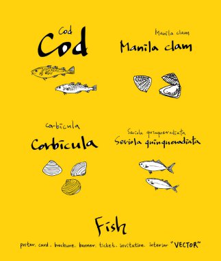 El çekilmiş gıda maddeleri - deniz gıda menü resimleri - vektör