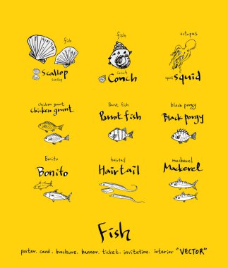 El çekilmiş gıda maddeleri - deniz gıda menü resimleri - vektör