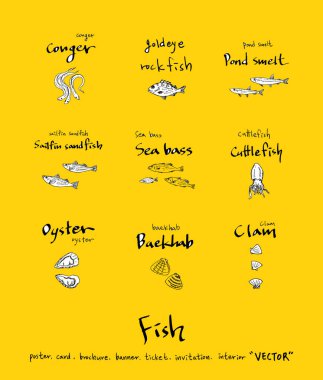 El çekilmiş gıda maddeleri - deniz gıda menü resimleri - vektör