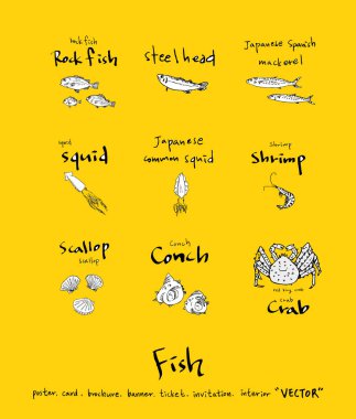 El çekilmiş gıda maddeleri - deniz gıda menü resimleri - vektör