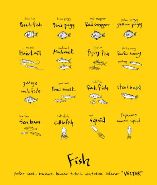 El çekilmiş gıda maddeleri - deniz gıda menü resimleri - vektör