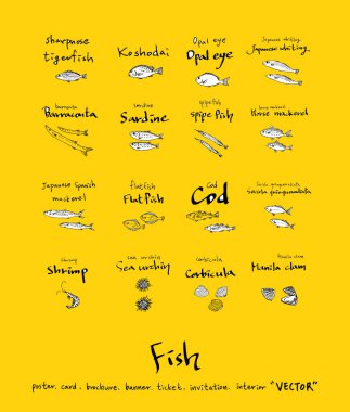 El çekilmiş gıda maddeleri - deniz gıda menü resimleri - vektör