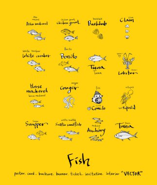 El çekilmiş gıda maddeleri - deniz gıda menü resimleri - vektör