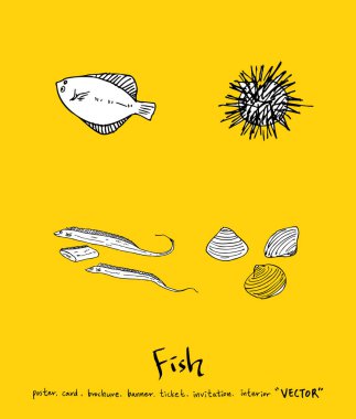 El çekilmiş gıda maddeleri - deniz gıda menü resimleri - vektör