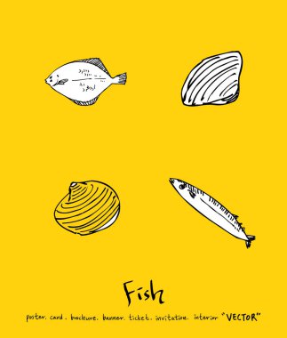 El çekilmiş gıda maddeleri - deniz gıda menü resimleri - vektör