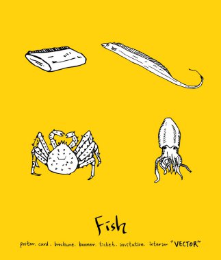 El çekilmiş gıda maddeleri - deniz gıda menü resimleri - vektör