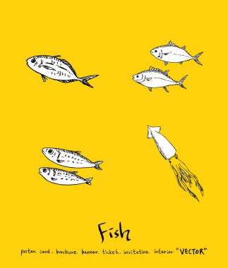 El çekilmiş gıda maddeleri - deniz gıda menü resimleri - vektör