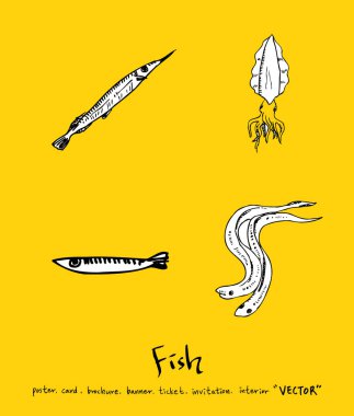 El çekilmiş gıda maddeleri - deniz gıda menü resimleri - vektör