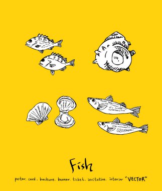 El çekilmiş gıda maddeleri - deniz gıda menü resimleri - vektör