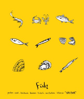 El çekilmiş gıda maddeleri - deniz gıda menü resimleri - vektör