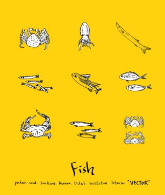 El çekilmiş gıda maddeleri - deniz gıda menü resimleri - vektör