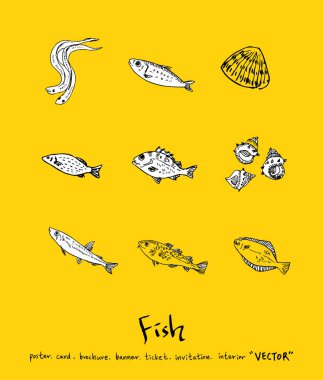 El çekilmiş gıda maddeleri - deniz gıda menü resimleri - vektör