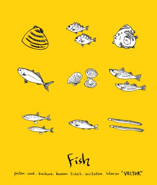 El çekilmiş gıda maddeleri - deniz gıda menü resimleri - vektör