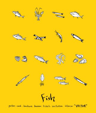 El çekilmiş gıda maddeleri - deniz gıda menü resimleri - vektör