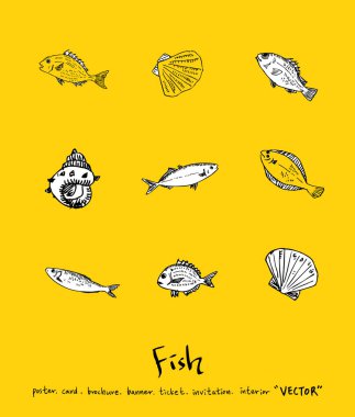 El çekilmiş gıda maddeleri - deniz gıda menü resimleri - vektör