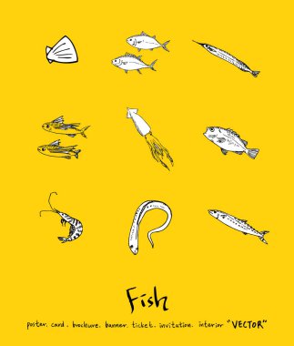 El çekilmiş gıda maddeleri - deniz gıda menü resimleri - vektör