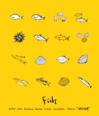 El çekilmiş gıda maddeleri - deniz gıda menü resimleri - vektör